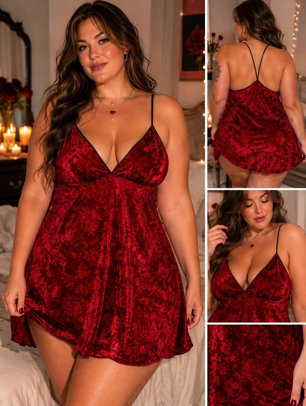 Vintage Y2K Red Burnout Velvet Chemise | Made in USA | Plus Size 1X Floral